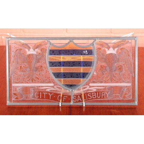 481 - A STAINED GLASS PANEL OF THE CITY OF SALISBURY CREST

19th century, 25cm x 45cm