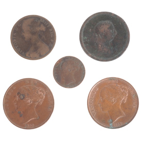 530 - AN 1848 QUEEN VICTORIA PENNY

an 1854 Queen Victoria penny; and three other pennies (5)