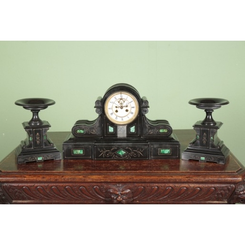 536 - A VICTORIAN SLATE AND MALACITE MANTEL CLOCK AND GARNITURE

the eight day French movement with an ope... 