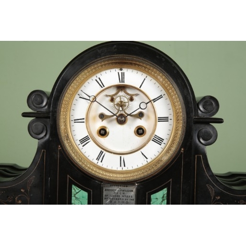 536 - A VICTORIAN SLATE AND MALACITE MANTEL CLOCK AND GARNITURE

the eight day French movement with an ope... 