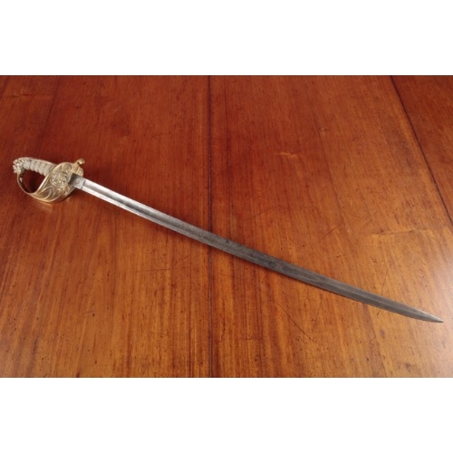 55 - A NAVAL MIDSHIPMAN SWORD

circa 1850, with etched blade, shagreen grip, lions head to top of hilt, 7... 