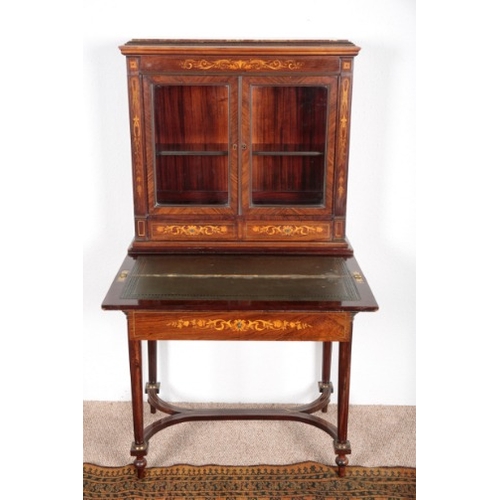 576 - A LOUIS XVI STYLE ROSEWOOD, MARQUETRY AND BRASS STRUNG BONHEUR DU JOUR BY MAPLE & CO.

the upper sec... 