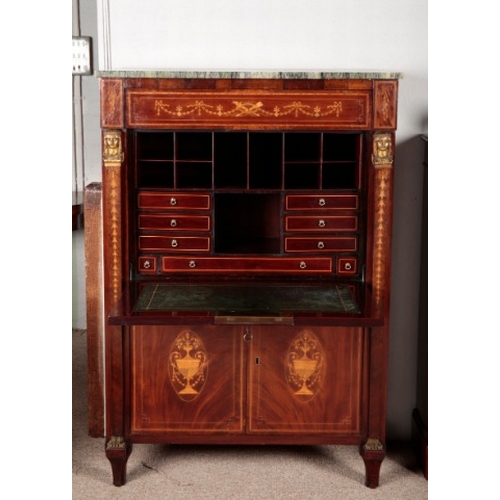 582 - AN EMPIRE MAHOGANY AND MARQUETRY SECRETAIRE A ABBATANT

the marble top over a single frieze drawer, ... 