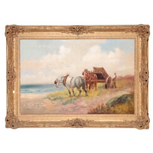 645 - G. MELVILLE (19th/20th Century) Two shire horses, a cart and driver at the coast

signed lower right... 