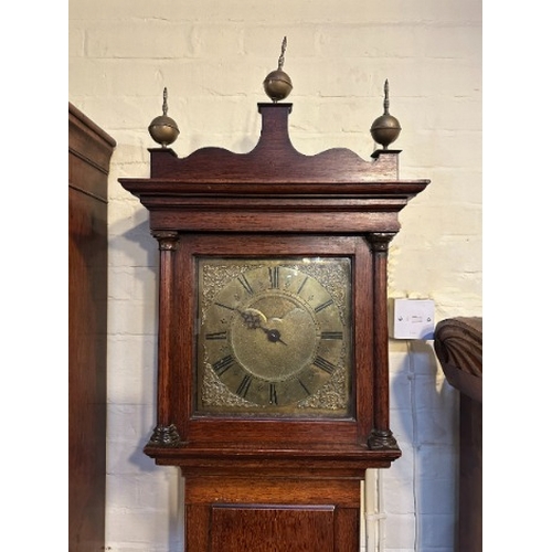 657 - AN OAK LONGCASE CLOCK BY 'BENTT. EDWARDS E. DEREHAM'

late 18th century, the brass dial with Roman n... 