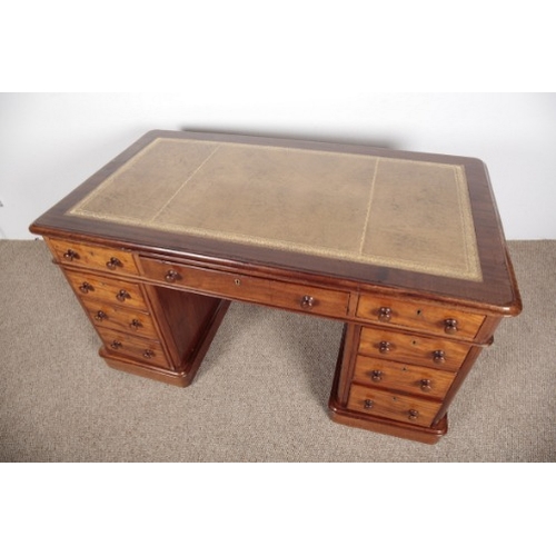 681 - A VICTORIAN MAHOGANY PEDESTAL DESK

circa 1880, with tooled brown leather top, 78cm high x 138cm wid... 