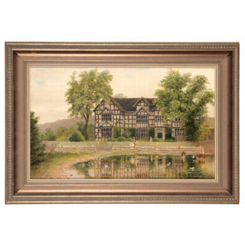 685 - MONOGRAMMIST J.J. (19th Century) Figures in front of a Tudor style house

1896, monogrammed and date... 