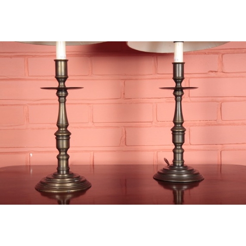 69 - A PAIR OF GILT METAL TABLE LAMPS BY LAURA ASHLEY HOME

with turned stems and bases, including shades... 