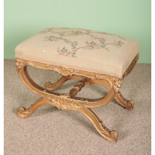 727 - A FRENCH GILTWOOD STOOL

19th century, with upholstered seat, on turned feet, 48 cm x 62cm