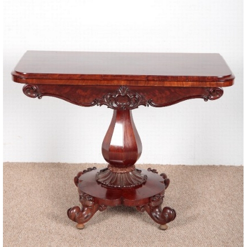 759 - A VICTORIAN MAHOGANY FOLD-OVER TEA TABLE

on a central pedestal base to turned legs on bun feet, 70c... 