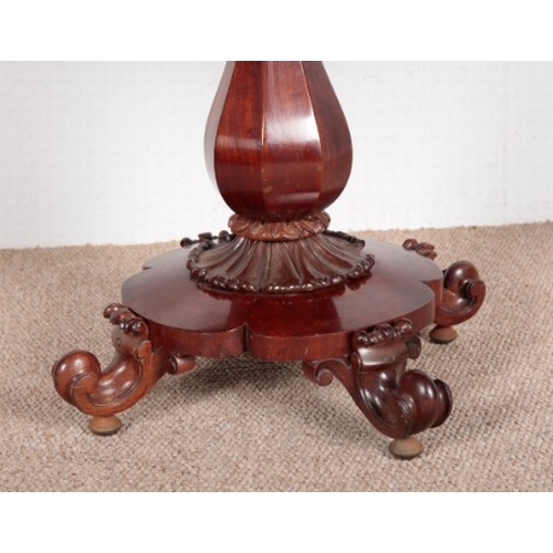 759 - A VICTORIAN MAHOGANY FOLD-OVER TEA TABLE

on a central pedestal base to turned legs on bun feet, 70c... 