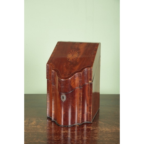 780 - A GEORGE III MAHOGANY AND CROSSBANDED KNIFE BOX

the hinged lid inset with a shell patera, with late... 