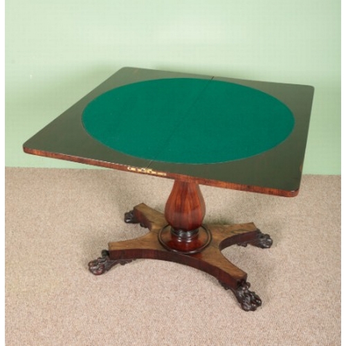 785 - A WILLIAM IV ROSEWOOD CARD TABLE

the hinged top opening to a green baize lined surface, on a facete... 