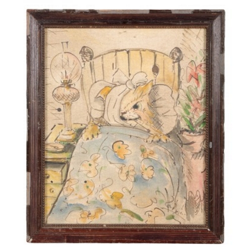 789 - ATTRIBUTED TO LOUIS WILLIAM WAIN (1860-1939) An angry bandaged cat in bed

signed lower right, water... 