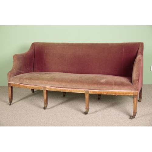 790 - AN EDWARDIAN MAHOGANY SOFA

with velvet covers, on tapered square front legs inlaid with trailing be... 