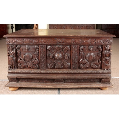 853 - A LARGE 'ELIZABETHAN' OAK COFFER

incorporating late 16th/early 17th century elements, the hinged li... 