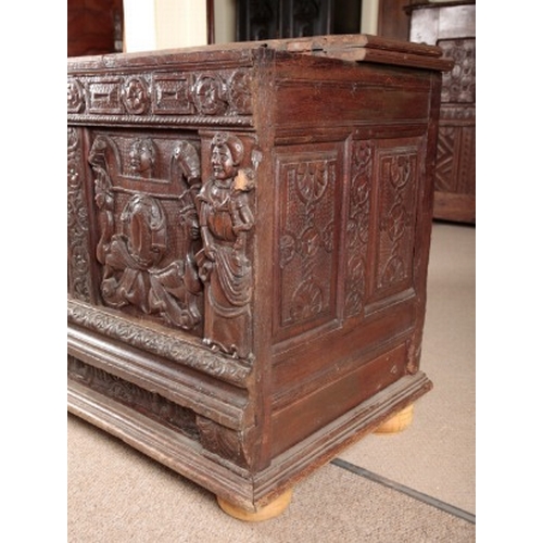 853 - A LARGE 'ELIZABETHAN' OAK COFFER

incorporating late 16th/early 17th century elements, the hinged li... 