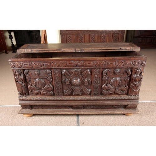 853 - A LARGE 'ELIZABETHAN' OAK COFFER

incorporating late 16th/early 17th century elements, the hinged li... 