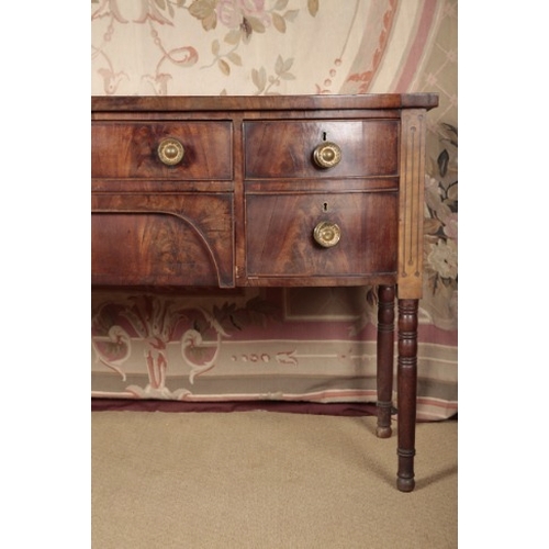 86 - A REGENCY MAHOGANY BOWFRONT SIDEBOARD

the crossbanded and ebony strung top over an arrangement of f... 