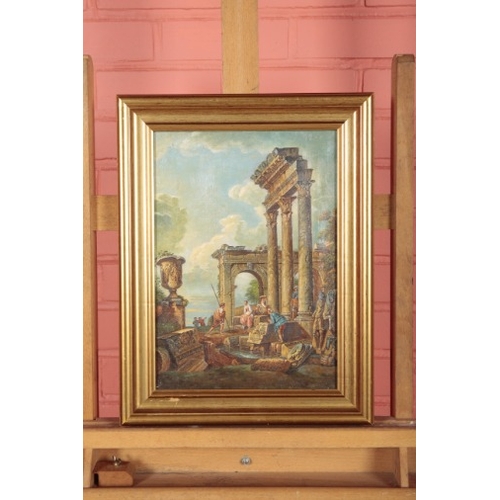 87 - ENGLISH SCHOOL, 19TH CENTURY Figures amongst classical ruins

oil on canvas, 36cm x 25cm