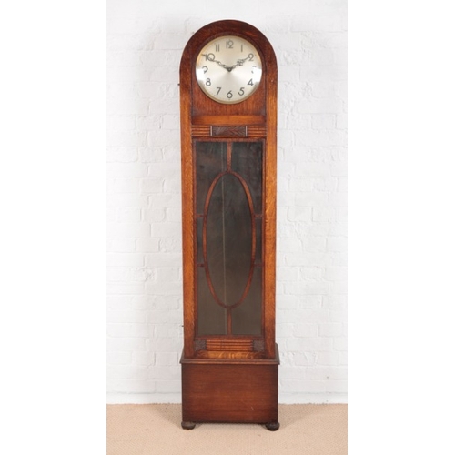 905 - AN ART DECO OAK LONGCASE CLOCK

probably German, the 30cm silvered dial with Arabic numerals and str... 