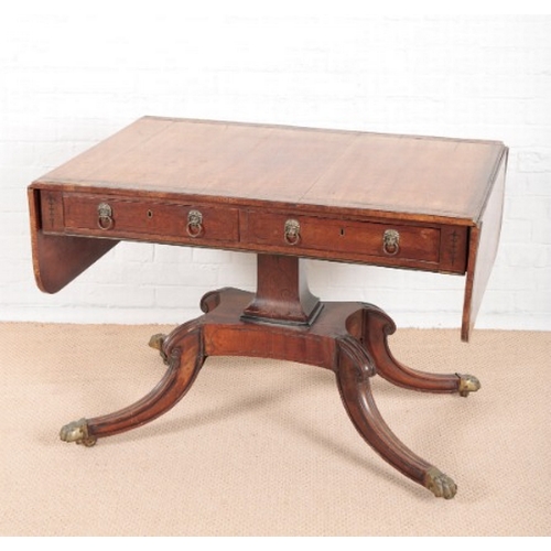 916 - A REGENCY ROSEWOOD SOFA TABLE

inlaid with twin brass bandings, the drop-leaf top with rounded corne... 