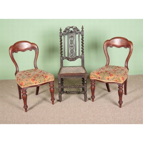 917 - A PAIR OF VICTORIAN MAHOGANY DINING CHAIRS

with upholstered seats and turned carved front legs, 89c... 