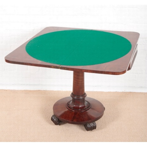 922 - A WILLIAM IV FIGURED MAHOGANY D-SHAPED CARD TABLE

with green baize-lined folding top, on turned col... 