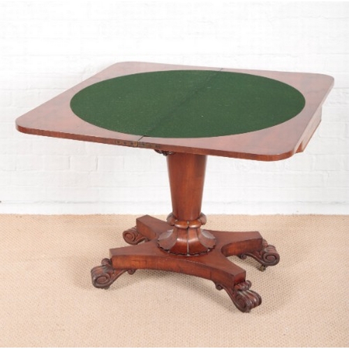 926 - A WILLIAM IV FIGURED MAHOGANY D-SHAPED CARD TABLE

the green baize-lined top above leaf carved friez... 