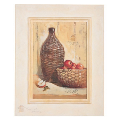 929 - ... HAGER (20th Century) A still life study of a basket of apples and a bottle

signed lower right, ... 