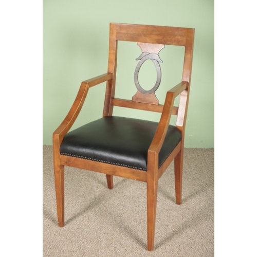 941 - A SATINWOOD BREDEMEIER CARVER CHAIR

19th century, with upholstered leather seat on chamfered legs, ... 