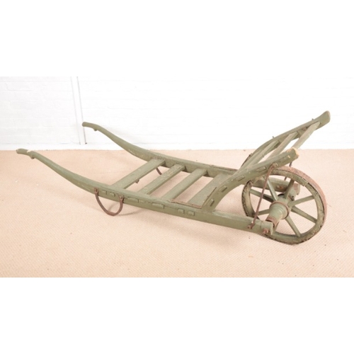 952 - A VICTORIAN WOODEN PAINTED MARKET CART

with single spoke wheel, 202cm long x 64cm wide