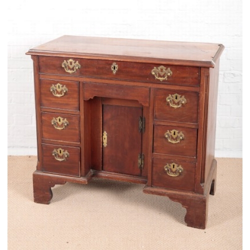 963 - A GEORGE III MAHOGANY KNEEHOLE DESK

the top with moulded edge, canted fluted front corners, fitted ... 