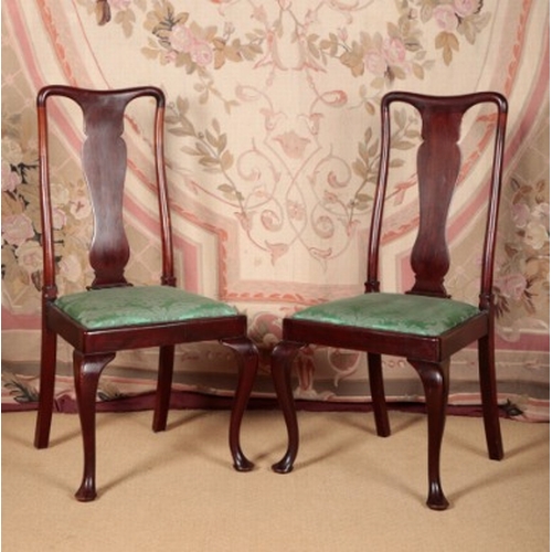 97 - A SET OF SIX QUEEN ANNE STYLE MAHOGANY DINING CHAIRS

circa 1900, with shaped back splats over damas... 