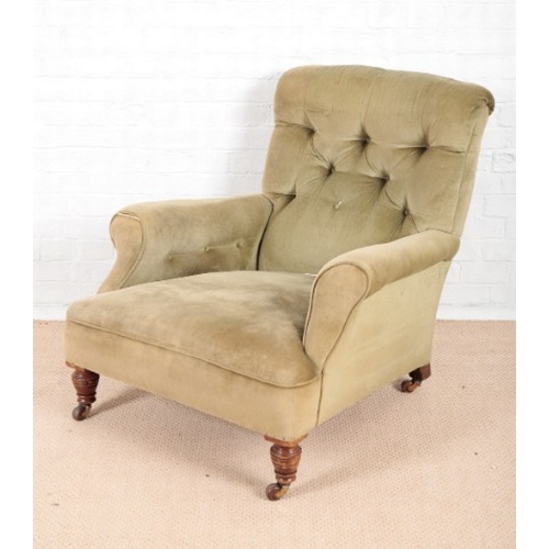 970 - A LATE VICTORIAN 'COUNTRY HOUSE' ARMCHAIR

with low and generous seat, upholstered in pale green clo... 