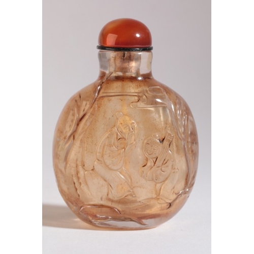 107 - A CHINESE CRYSTAL SNUFF BOTTLE

19th century, carved around the bottle with figures and a horse unde... 