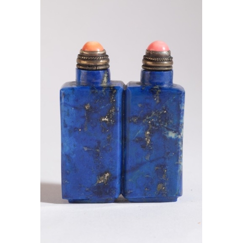 108 - A CHINESE LAPIS LAZULI DOUBLE SNUFF BOTTLE

19th/20th century, of joined rectangular form, 5.5cm hig... 