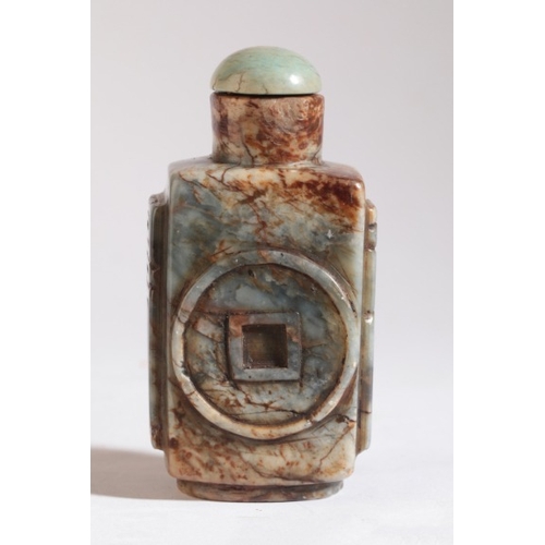 117 - A CHINESE STONE SNUFF BOTTLE

19th century, carved with an old coin motif to the front and reverse, ... 