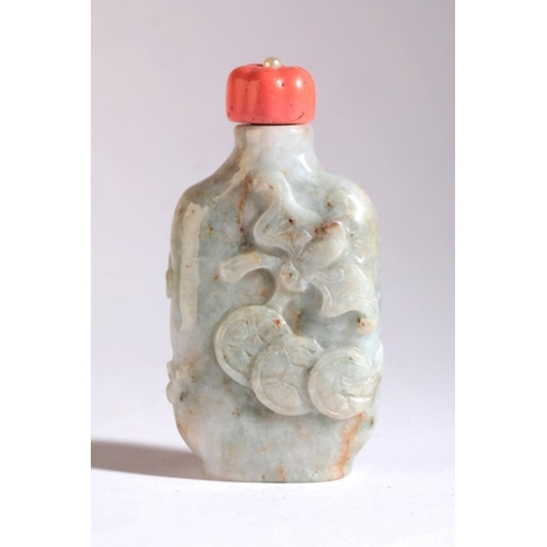 12 - A CHINESE JADEITE SNUFF BOTTLE

19th century, carved to one side with a flying bat carrying a string... 