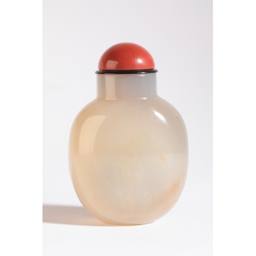 121 - A CHINESE AGATE SNUFF BOTTLE

19th century, the front carved to the dark grey skin with a female att... 