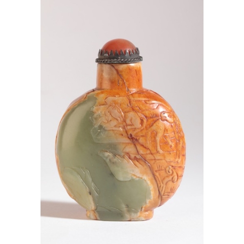 127 - A CHINESE JADE SNUFF BOTTLE

probably 19th century, the russet skin carved with horses in a mountain... 