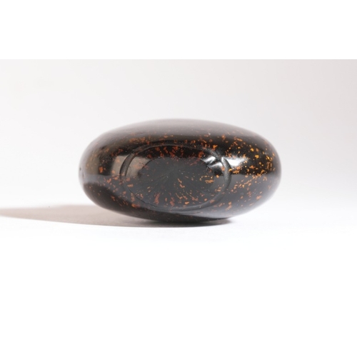 128 - A CHINESE BLACK AVENTURINE GLASS SNUFF BOTTLE

18th/19th century, of bulbous shape, 6cm high 

The D... 