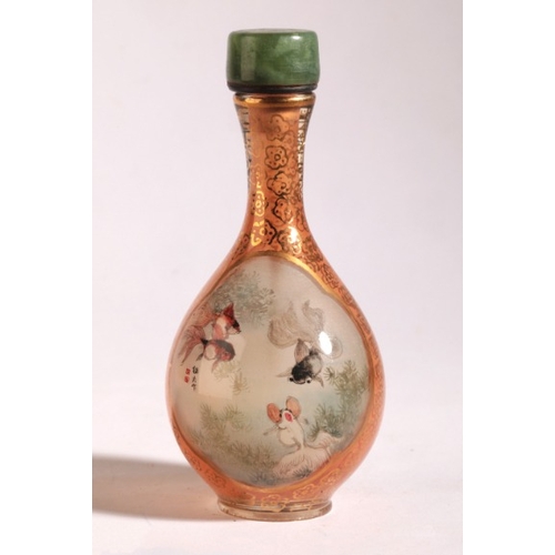 146 - A CHINESE GLASS INSIDE PAINTED SNUFF BOTTLE

by the Peach River Studio, one side with a panel of cra... 