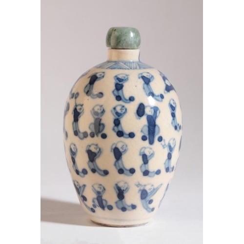 162 - A CHINESE PORCELAIN BLUE AND WHITE SNUFF OR PILL BOTTLE

bearing an indistinct six character mark to... 