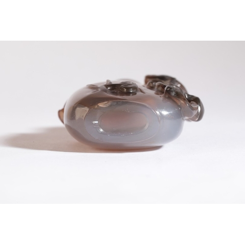 167 - A CHINESE AGATE SNUFF BOTTLE

likely 18th/19th century, of flattened ovoid form, carved with a raise... 