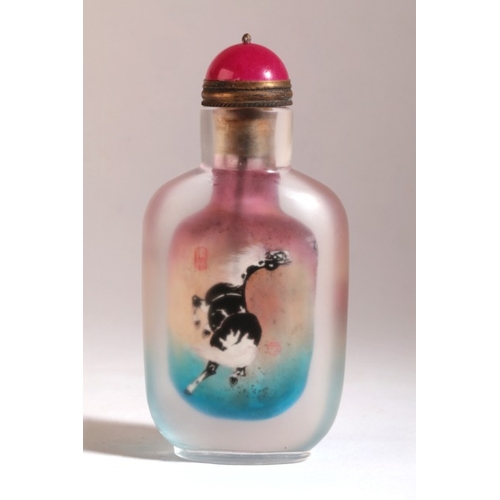 170 - A CHINESE INSIDE PAINTED GLASS SNUFF BOTTLE

20th century, decorated with prancing horses to both si... 