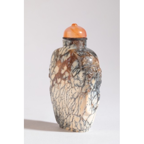 178 - A CHINESE HARDSTONE SNUFF BOTTLE

probably 19th century, the pale ground with dark 'veins' and inclu... 