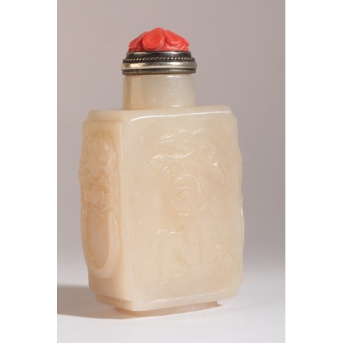 191 - A CHINESE JADE SNUFF BOTTLE

18th/19th century, of rectangular form, a boy waving lingzhi fungus car... 