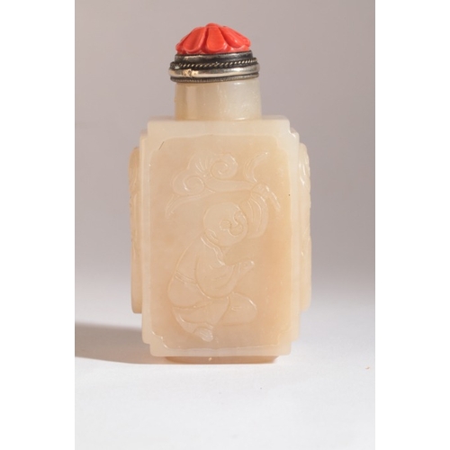 191 - A CHINESE JADE SNUFF BOTTLE

18th/19th century, of rectangular form, a boy waving lingzhi fungus car... 