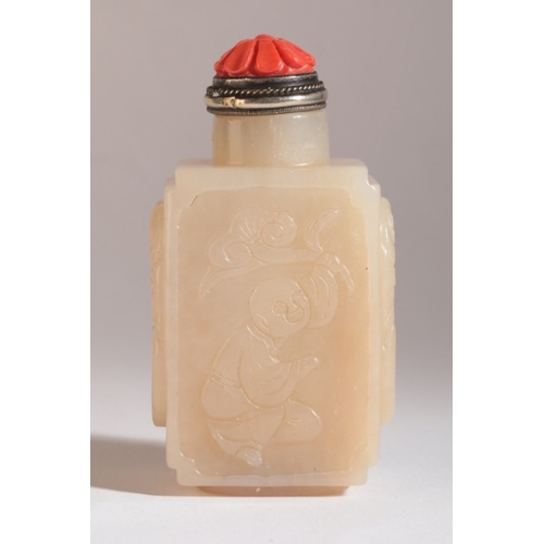 191 - A CHINESE JADE SNUFF BOTTLE

18th/19th century, of rectangular form, a boy waving lingzhi fungus car... 